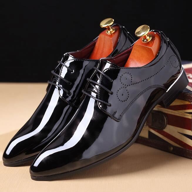 Stylish Mens Fashion Pointed Toe Dress Shoe Patent Leather Lace Up - FrankieMackOfficial