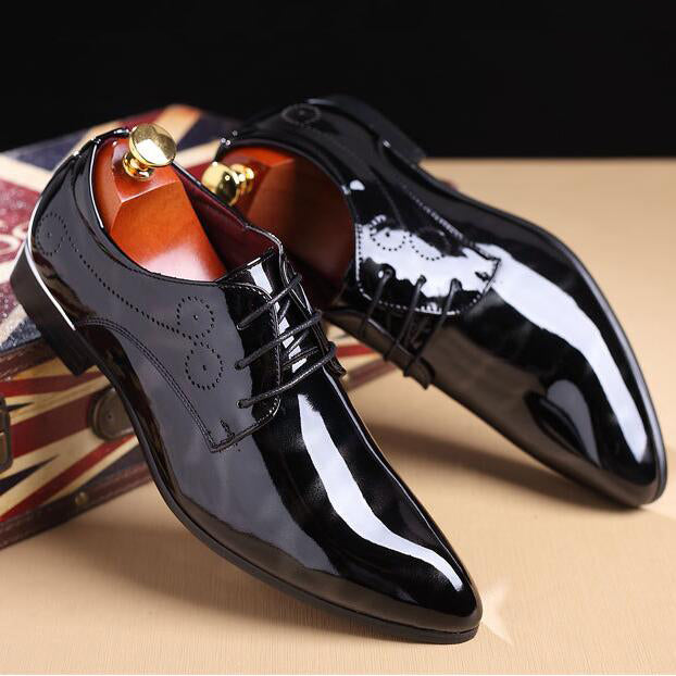 Stylish Mens Fashion Pointed Toe Dress Shoe Patent Leather Lace Up - FrankieMackOfficial